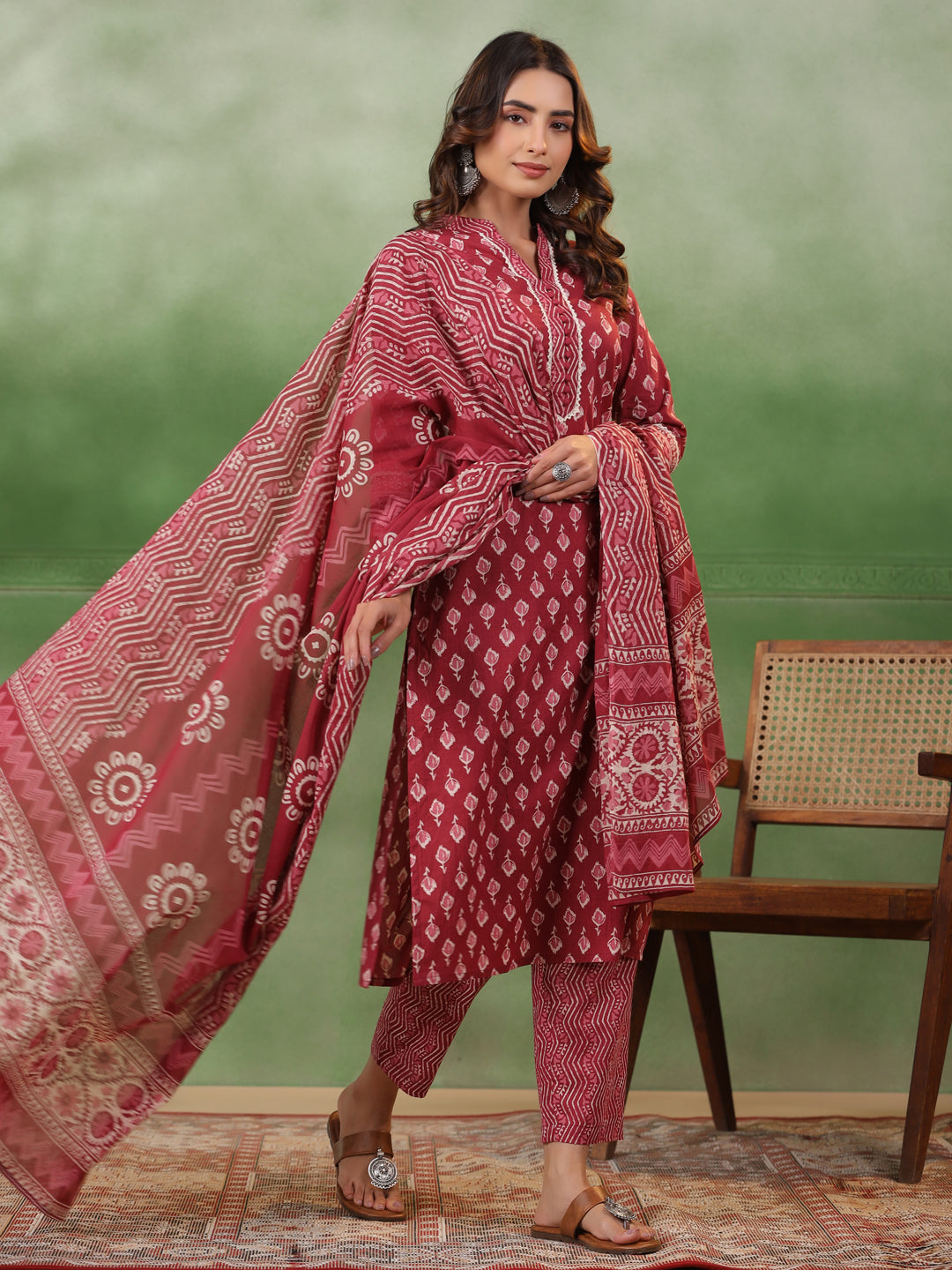 Red Floral Printed Kurta Set With Dupatta