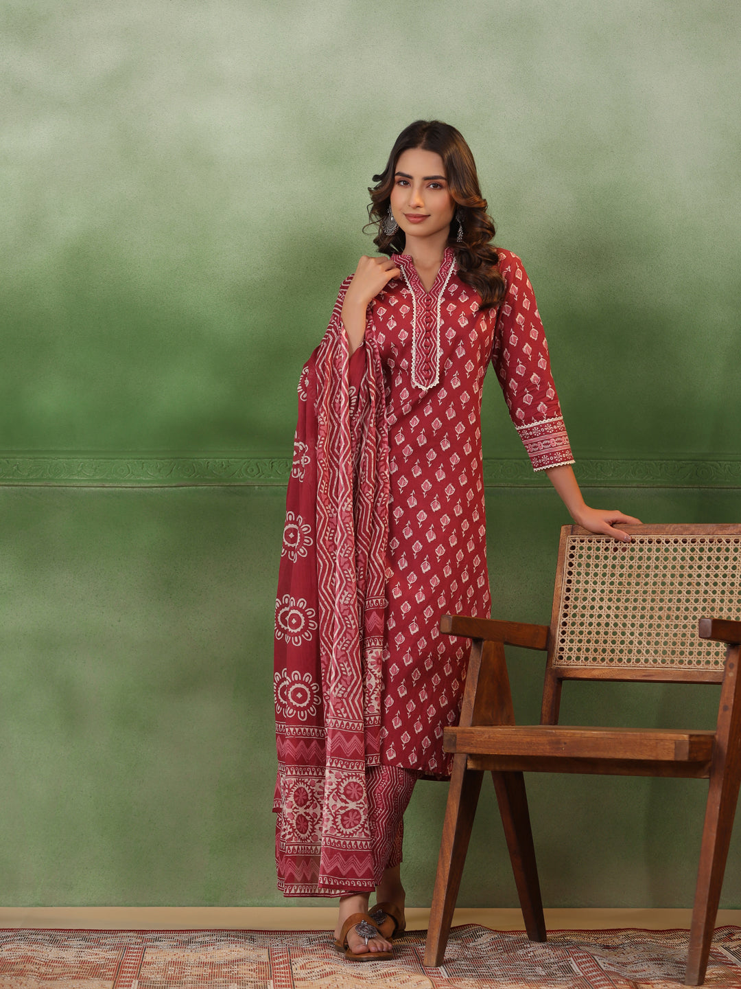 Red Floral Printed Kurta Set With Dupatta