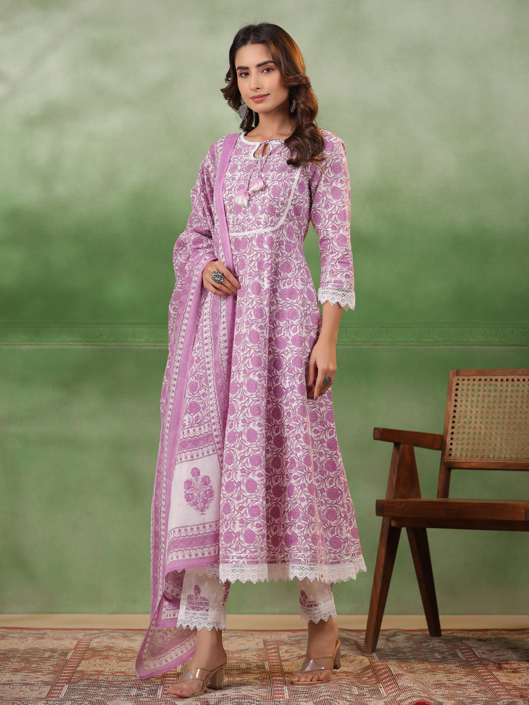 Purple Floral Printed Kurta Set with Dupatta - SanskrutiHomes 
