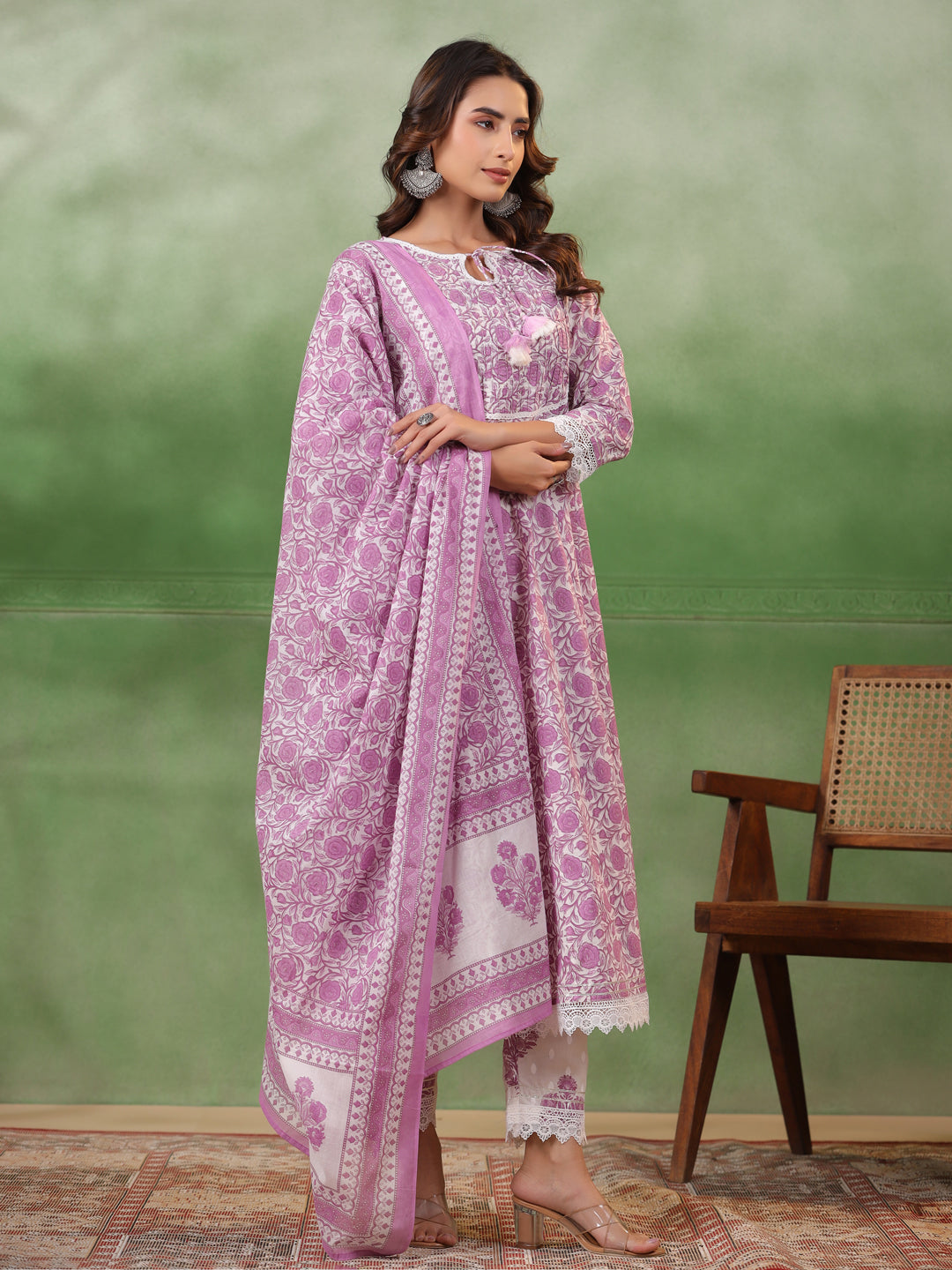 Purple Floral Printed Kurta Set with Dupatta - SanskrutiHomes 