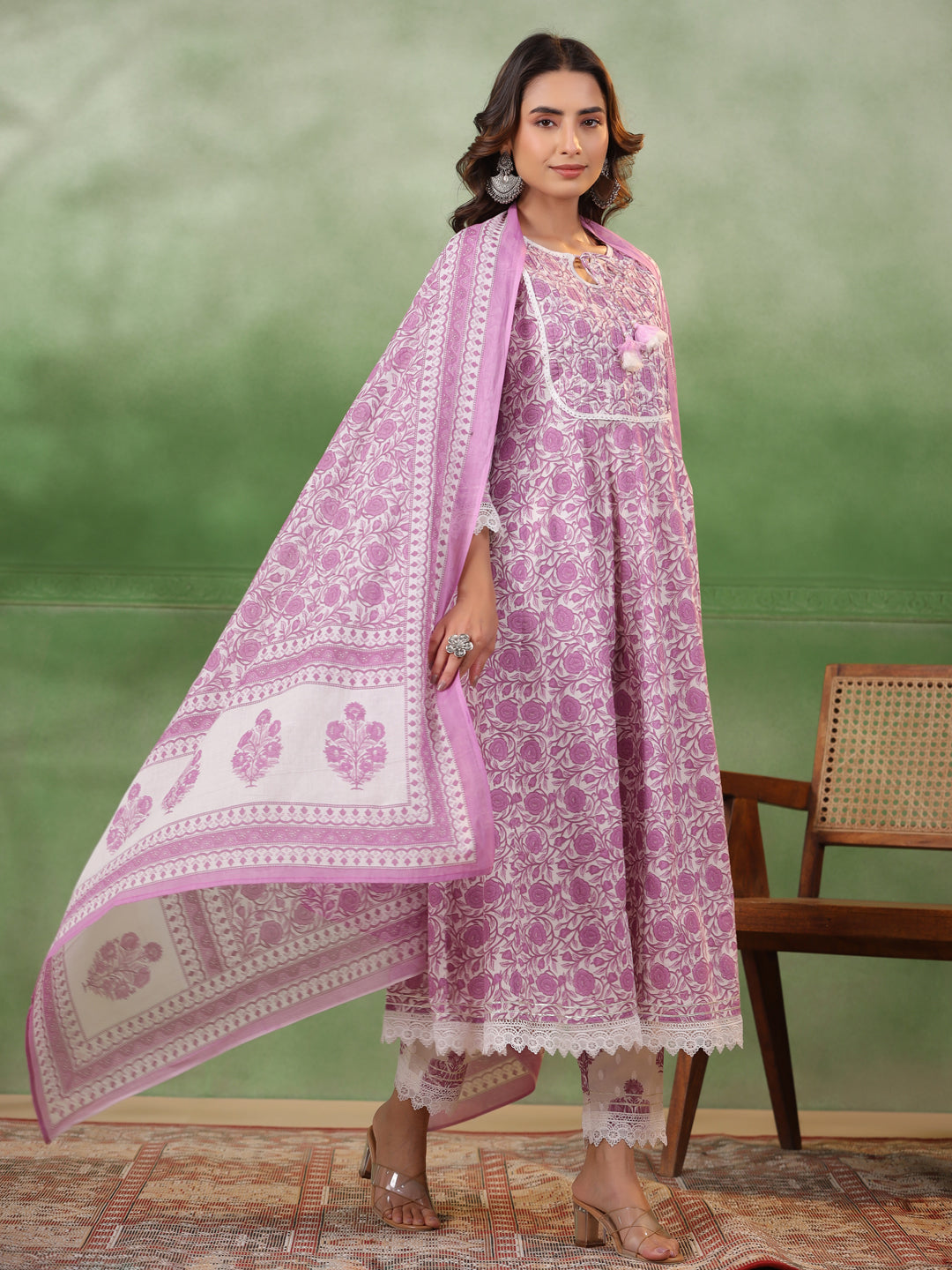Purple Floral Printed Kurta Set with Dupatta - SanskrutiHomes 