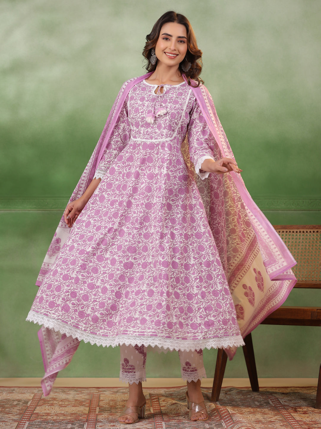 Purple Floral Printed Kurta Set with Dupatta - SanskrutiHomes 