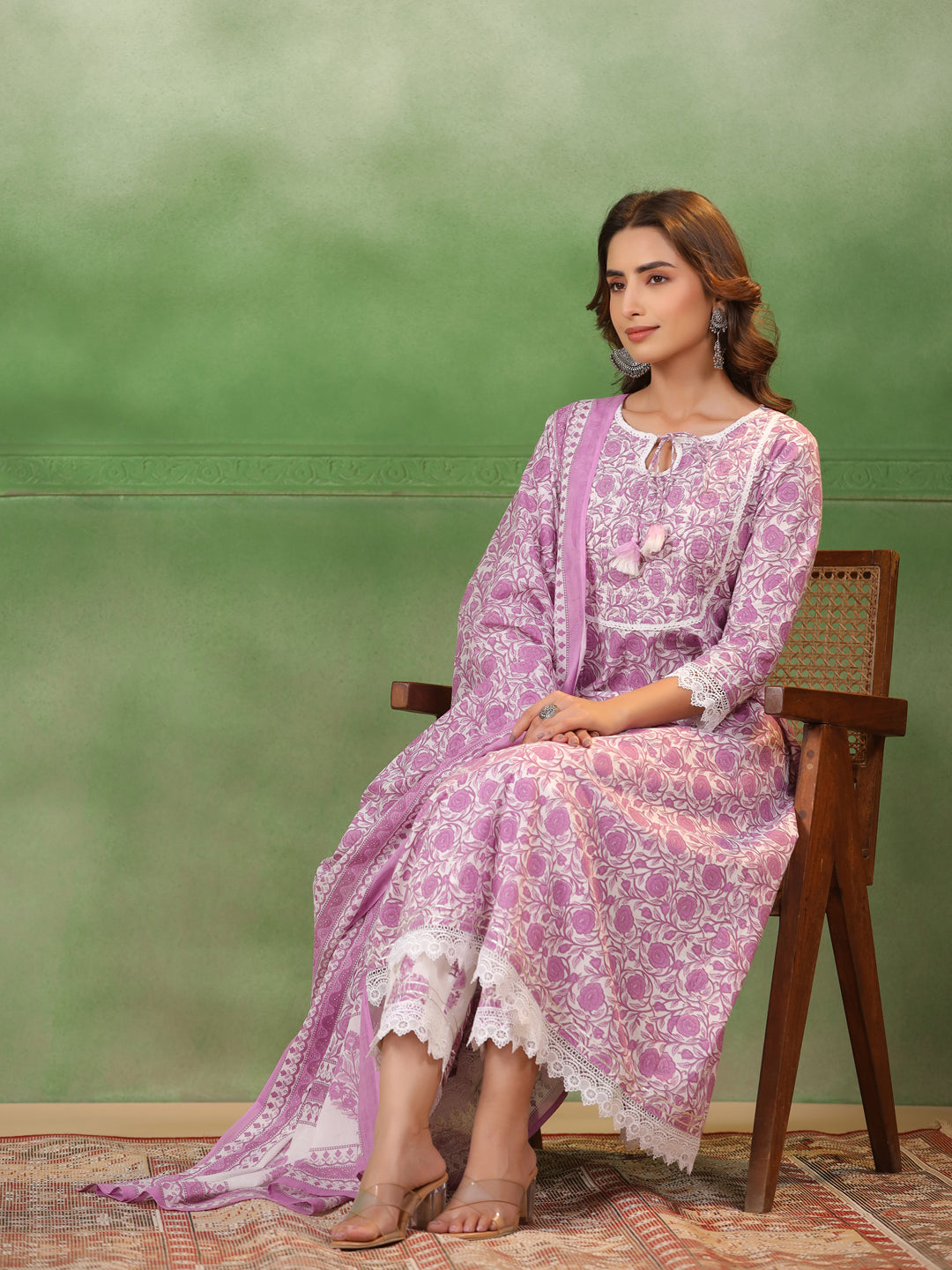 Purple Floral Printed Kurta Set with Dupatta - SanskrutiHomes 