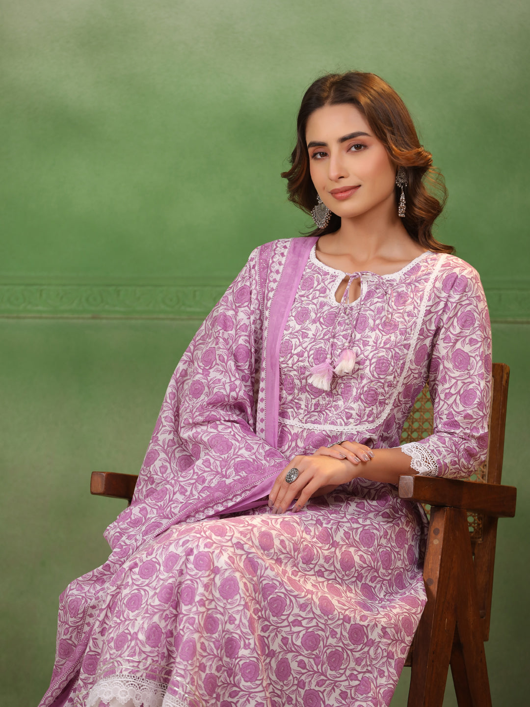 Purple Floral Printed Kurta Set with Dupatta - SanskrutiHomes 