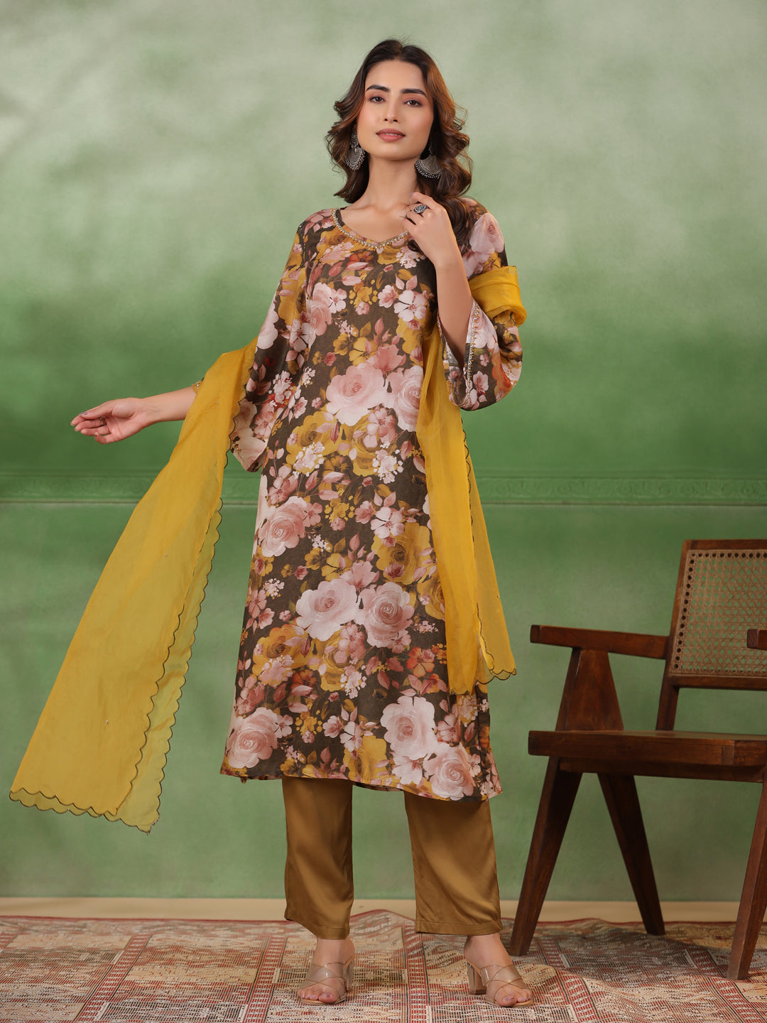 Olive V-Neck Silk Blend Kurta Set for Women