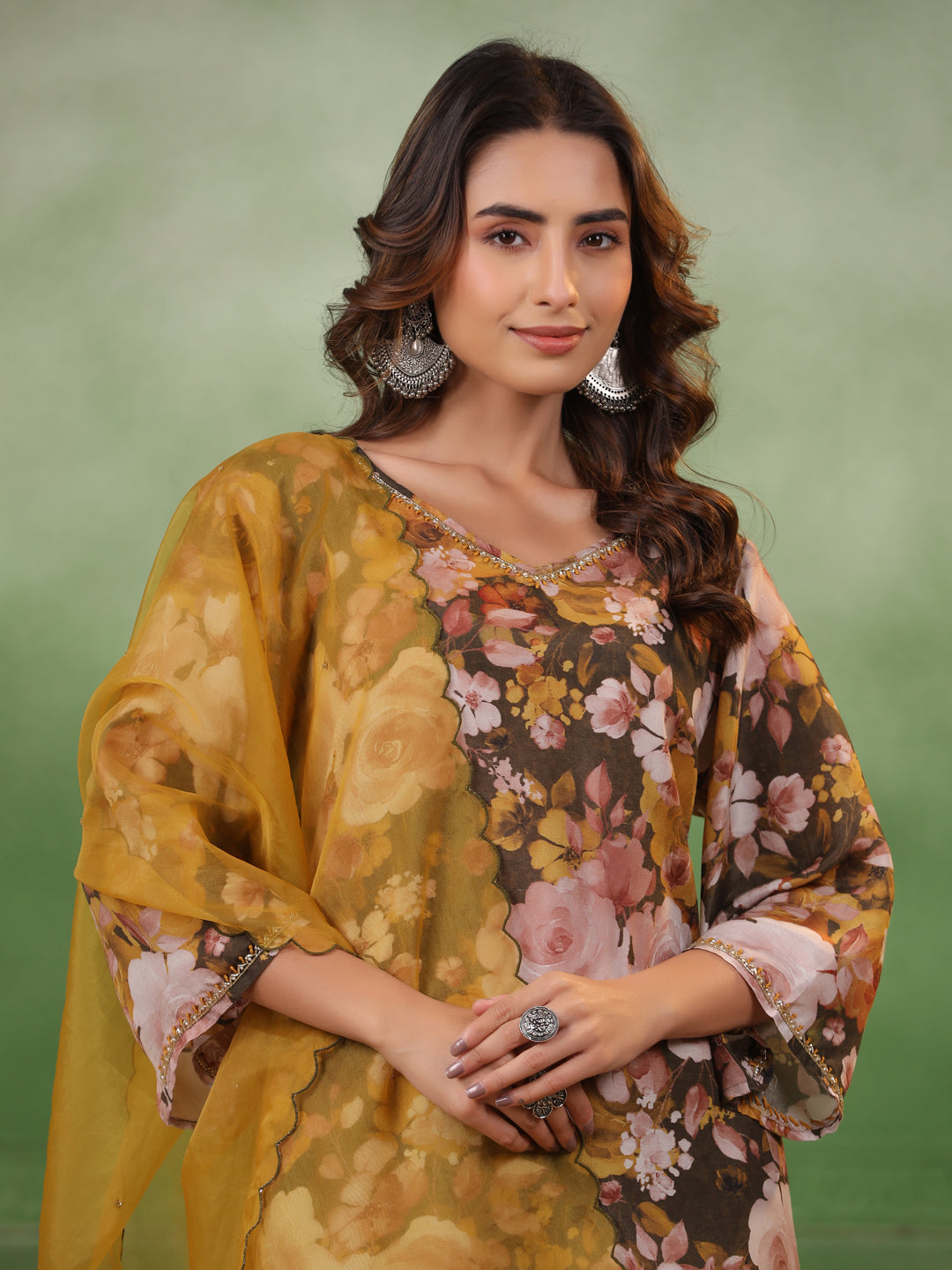 Olive V-Neck Silk Blend Kurta Set for Women