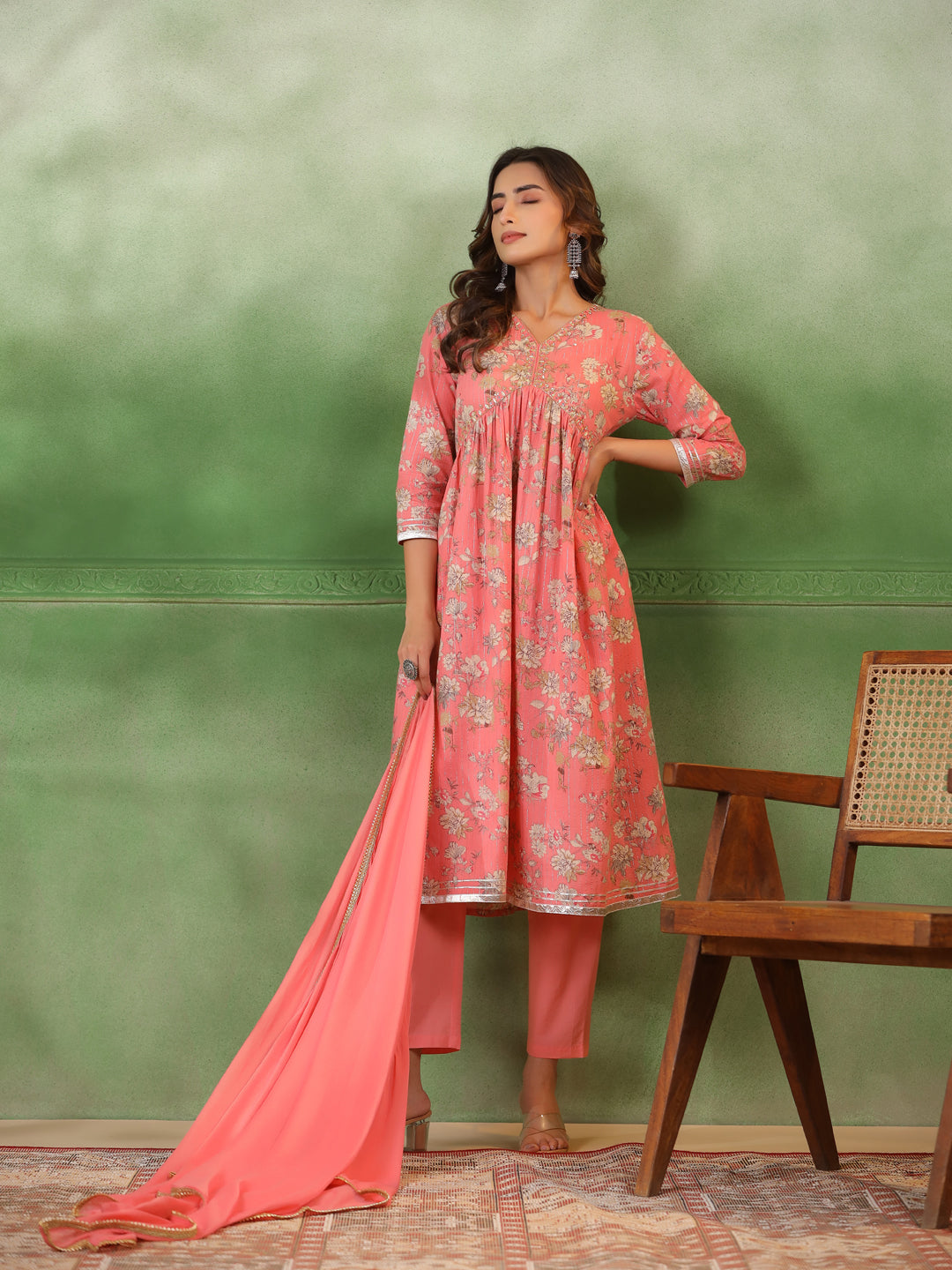 Peach V-Neck Pure Cotton Kurta Set with Dupatta for Women