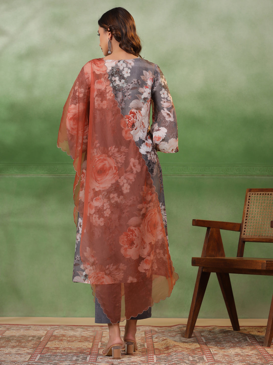 Grey Floral Print V-Neck A-Line Kurta Set For Women With Elegant Dupatta