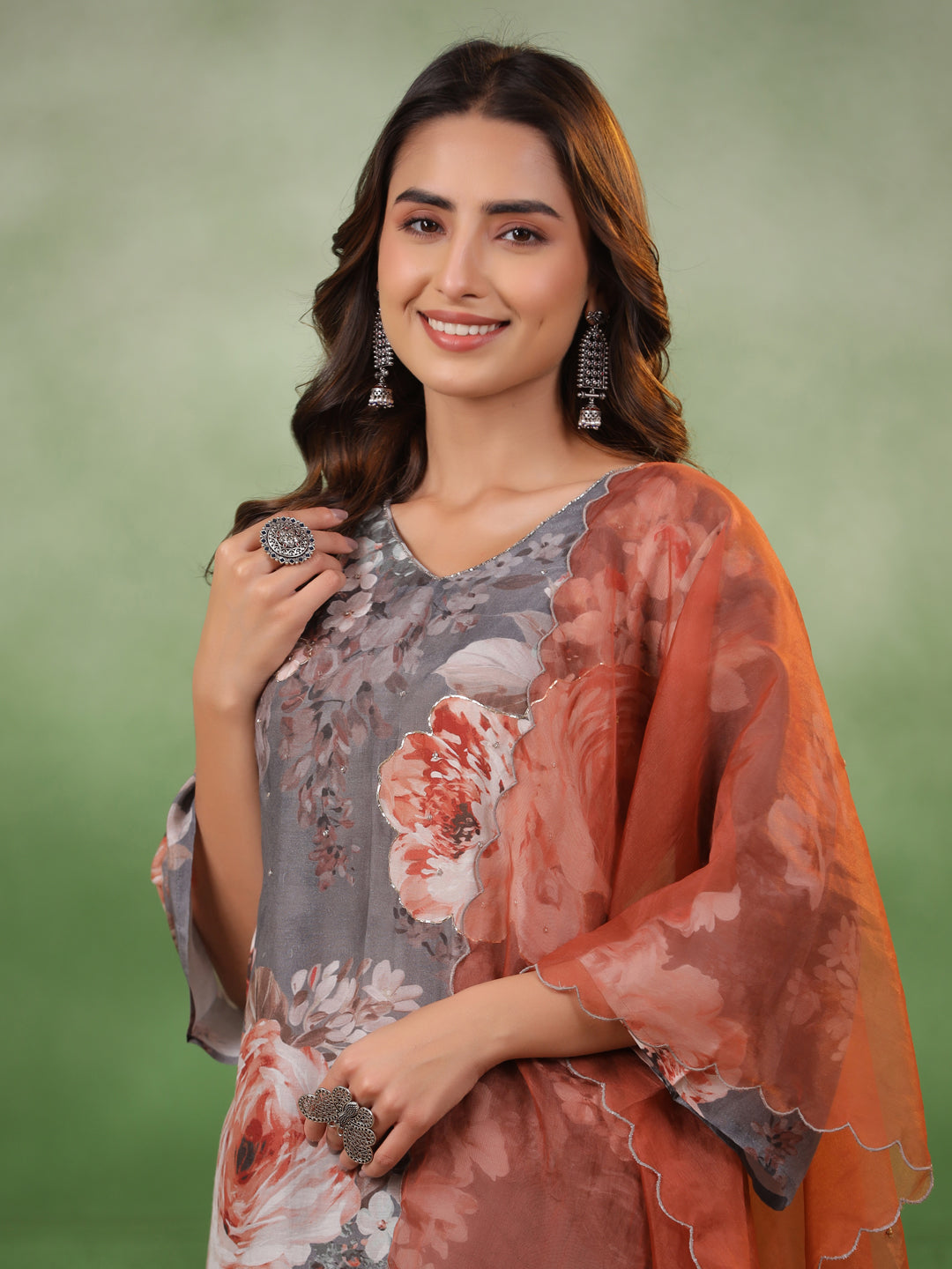 Grey Floral Print V-Neck A-Line Kurta Set For Women With Elegant Dupatta