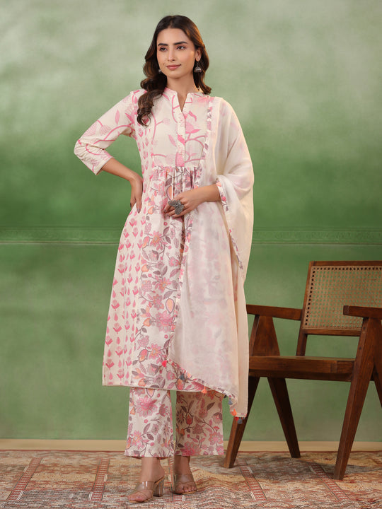 Pure Cotton Pleated A-Line Kurta With Trousers & Dupatta