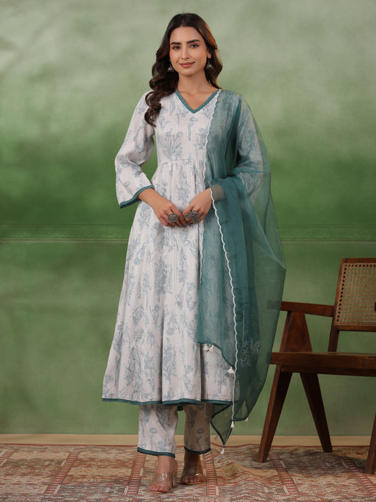 White Floral Printed V-Neck Cotton Kurta Set