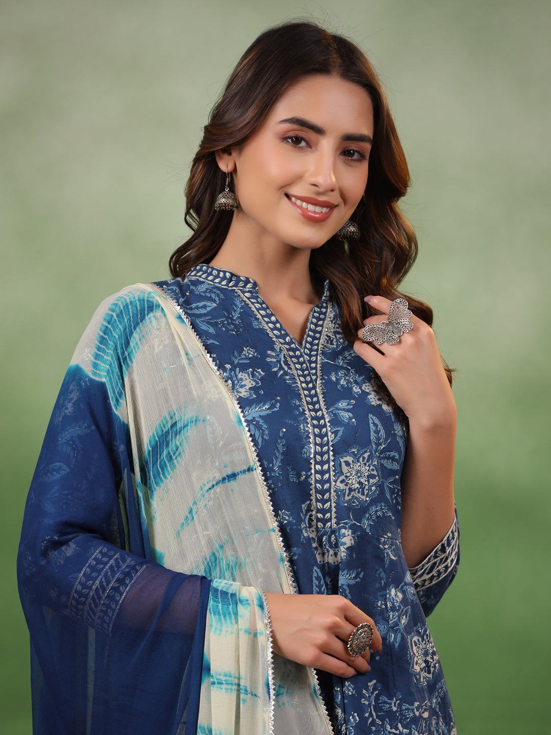 Blue Flower Printed Cotton kurta Suit Set - SanskrutiHomes 