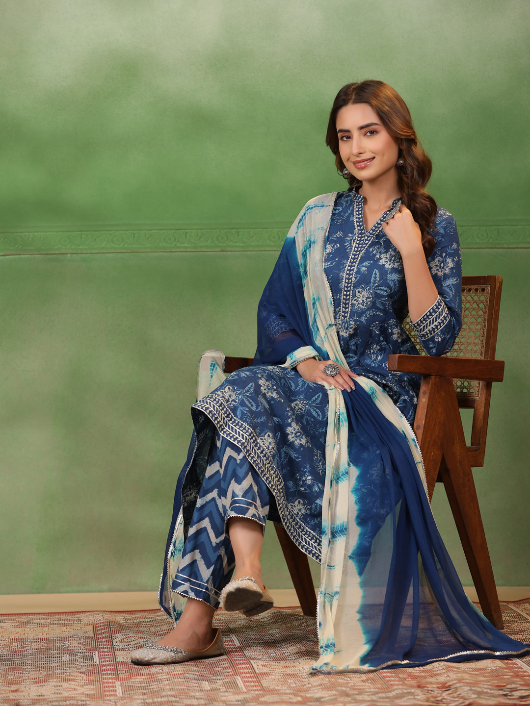 Blue Flower Printed Cotton kurta  Suit Set