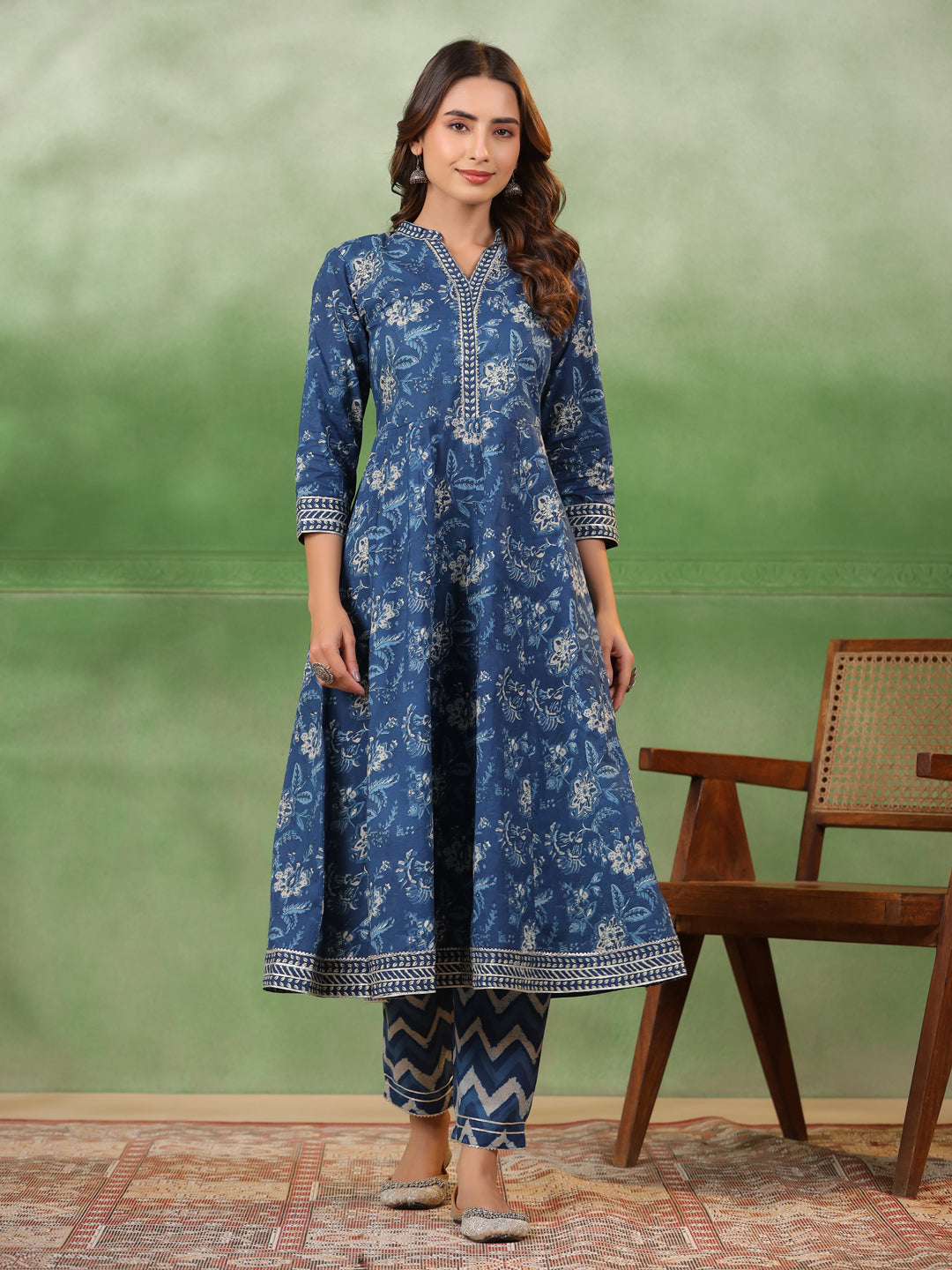 Blue Flower Printed Cotton kurta  Suit Set