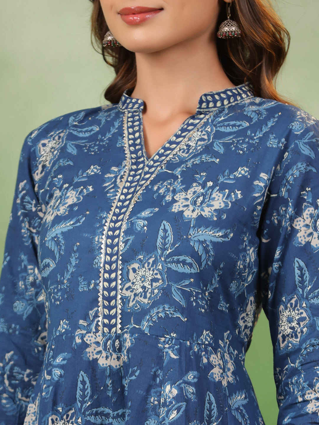 Blue Flower Printed Cotton kurta Suit Set - SanskrutiHomes 