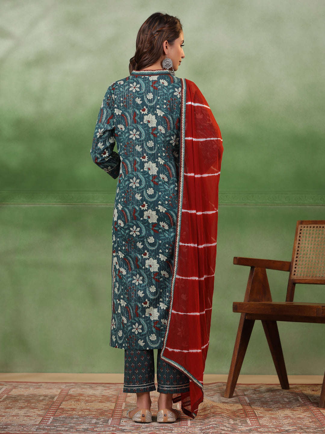 Sea Green Cotton  Floral Printed V-Neck Kurta Set