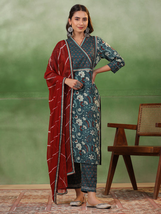 Sea Green Cotton  Floral Printed V-Neck Kurta Set