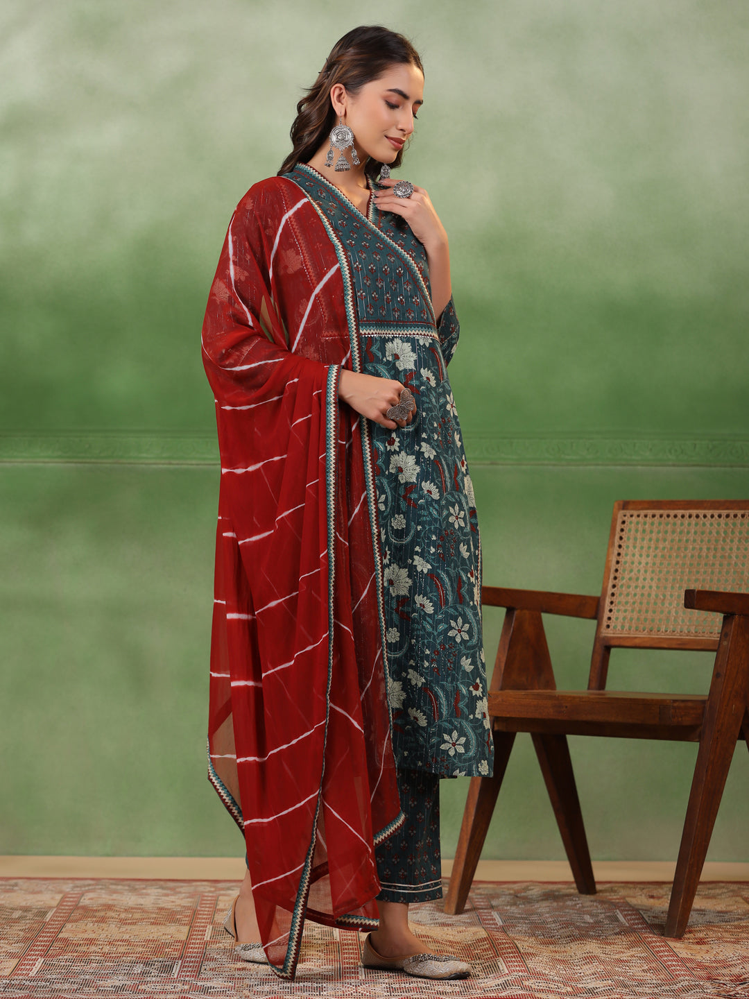 Sea Green Cotton  Floral Printed V-Neck Kurta Set