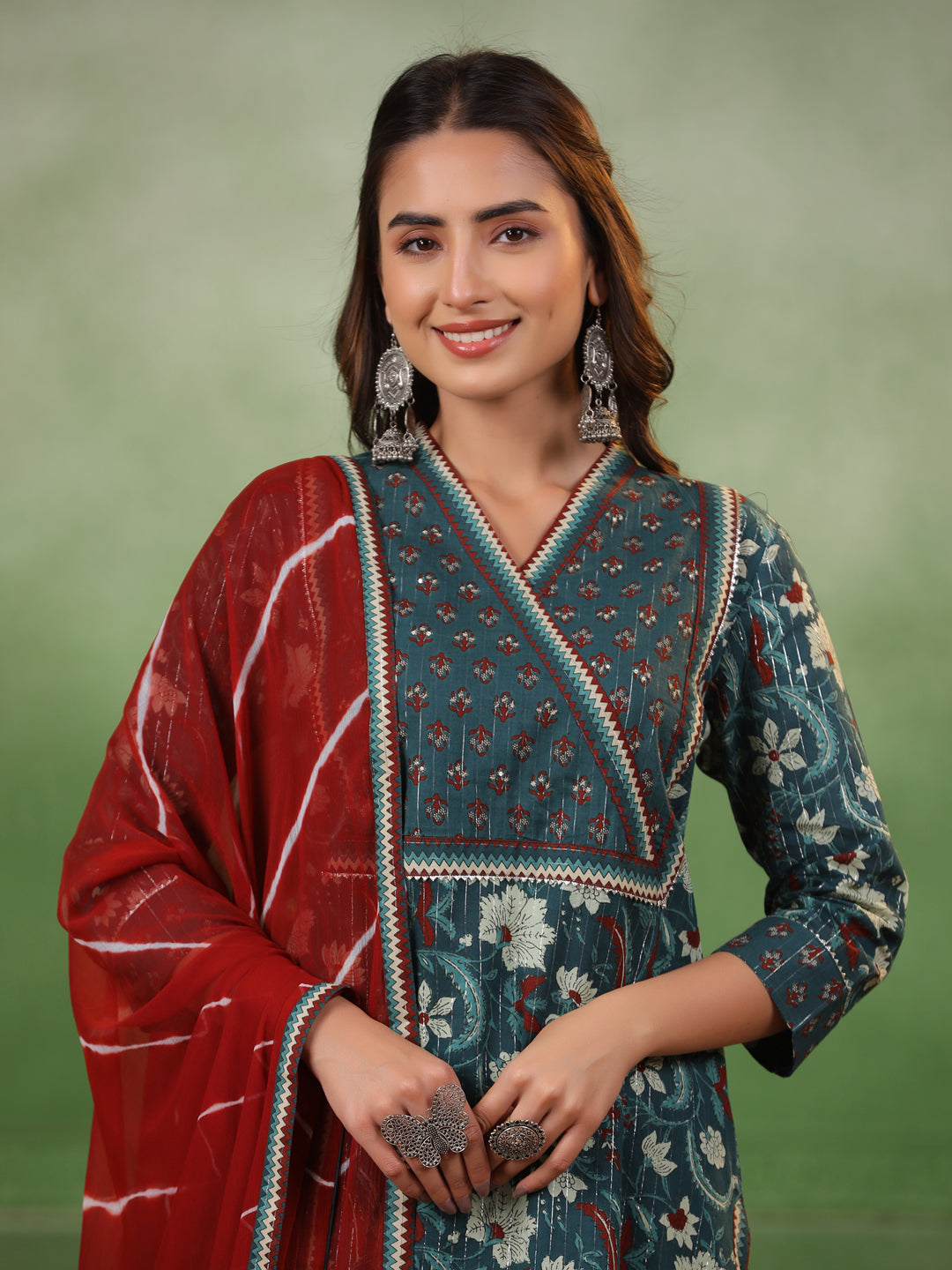 Sea Green Cotton  Floral Printed V-Neck Kurta Set
