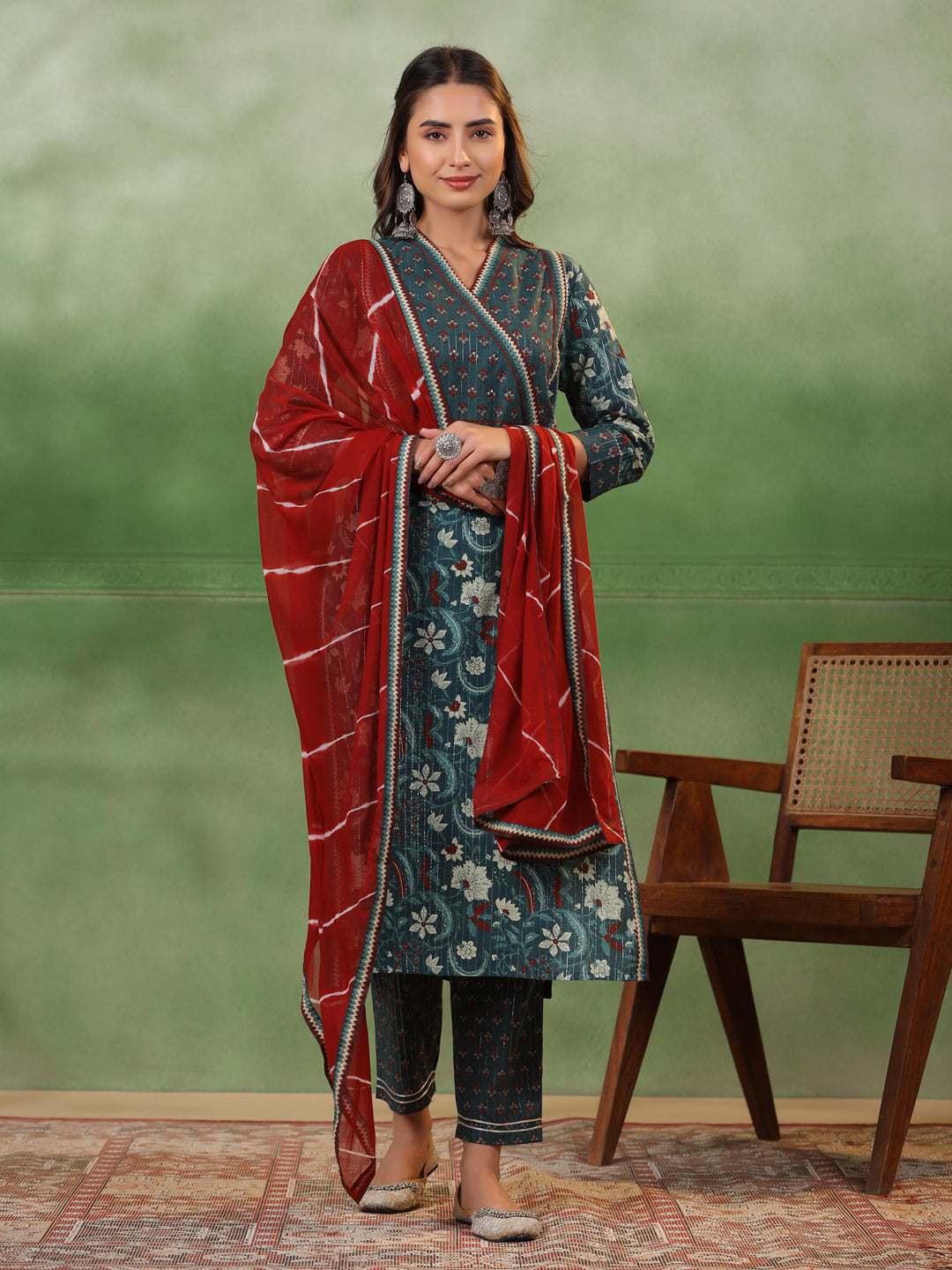 Sea Green Cotton  Floral Printed V-Neck Kurta Set