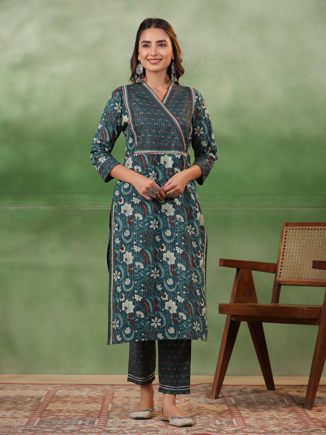 Sea Green Cotton  Floral Printed V-Neck Kurta Set