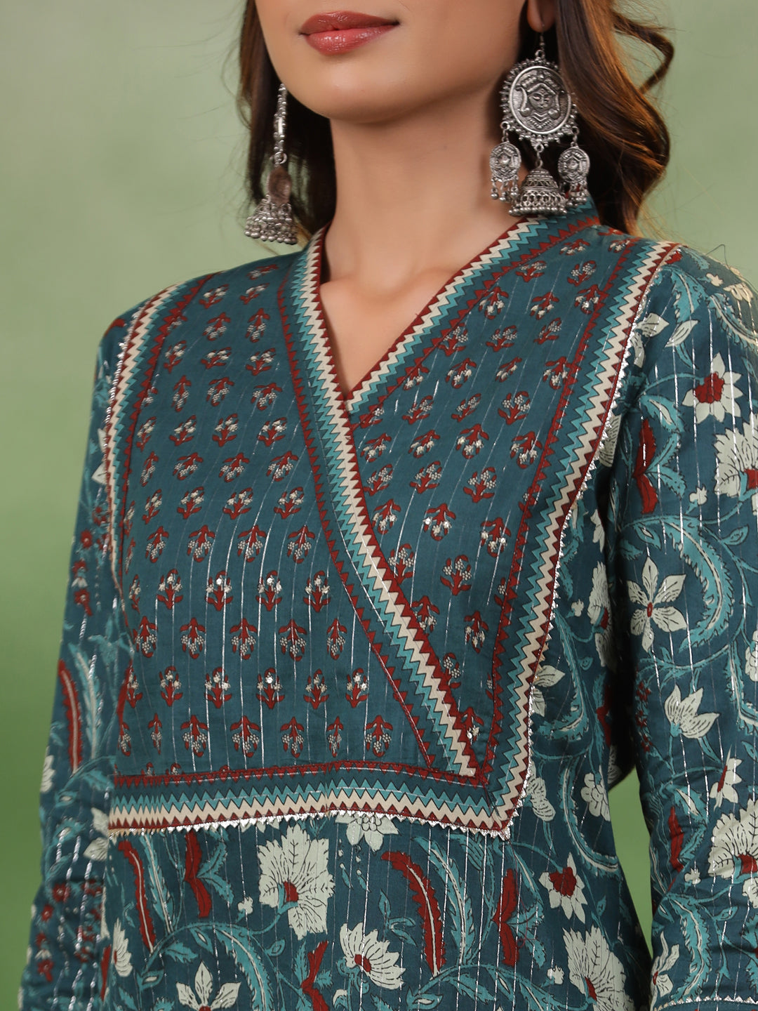 Sea Green Cotton  Floral Printed V-Neck Kurta Set