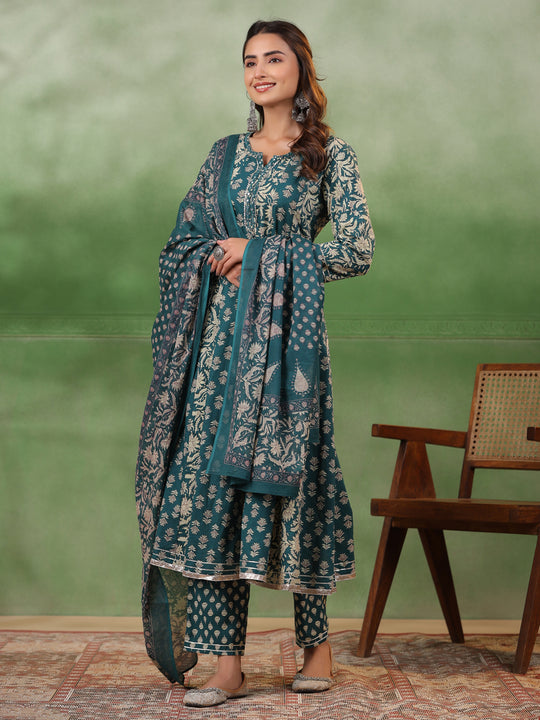 Women set of Pure Cotton 3 pcs Teal Colour Flared Printed Kurta Sets