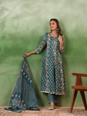 Women set of Pure Cotton 3 pcs Teal Colour Flared Printed Kurta Sets