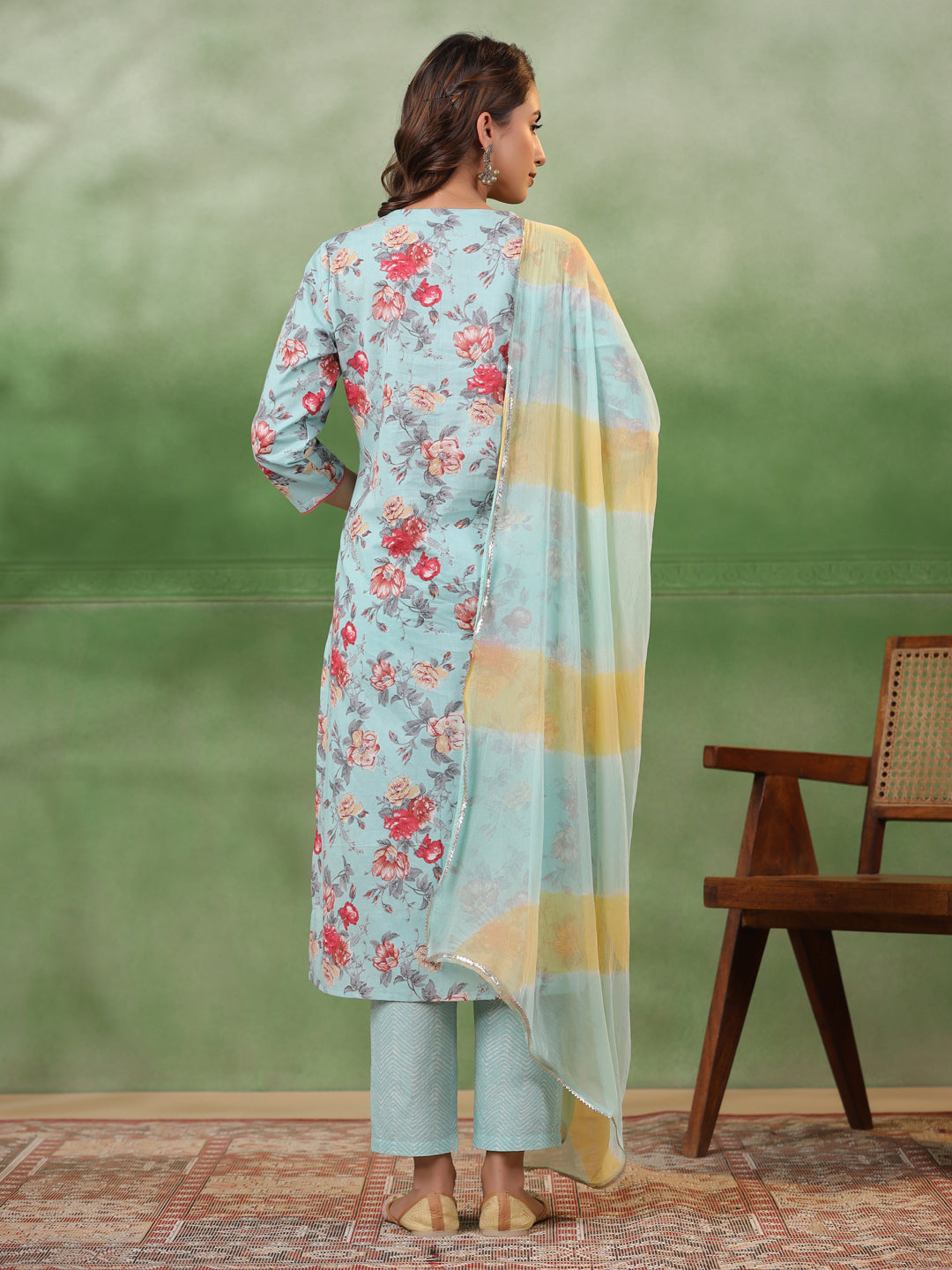 Blue Cotton Kurta Set with Dupatta - SanskrutiHomes 