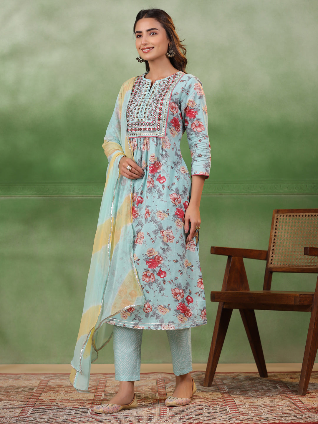 Blue Cotton Kurta Set with Dupatta - SanskrutiHomes 
