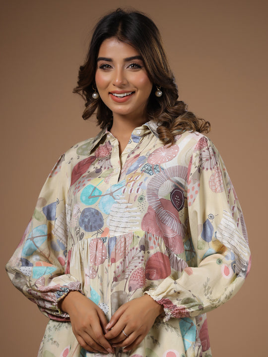 Women' s Floral Printed Silk Blend Straight Kurta with Trousers