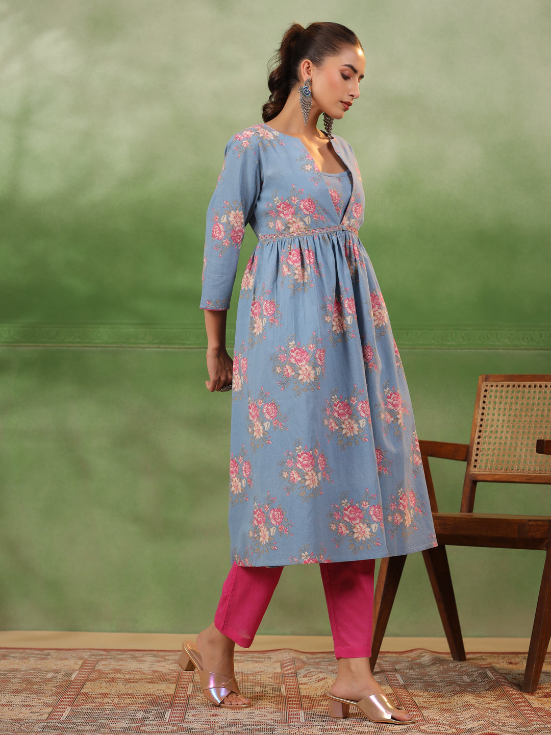 Floral Printed Regular Thread Work Pure Cotton A-Line Kurta With Trouser