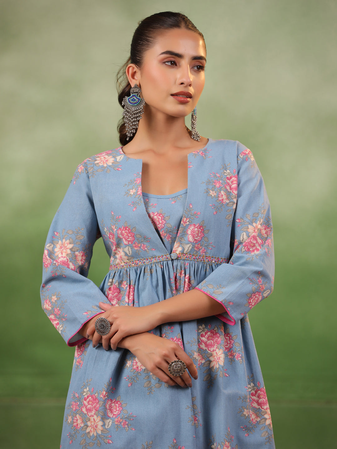 Floral Printed Regular Thread Work Pure Cotton A-Line Kurta With Trouser