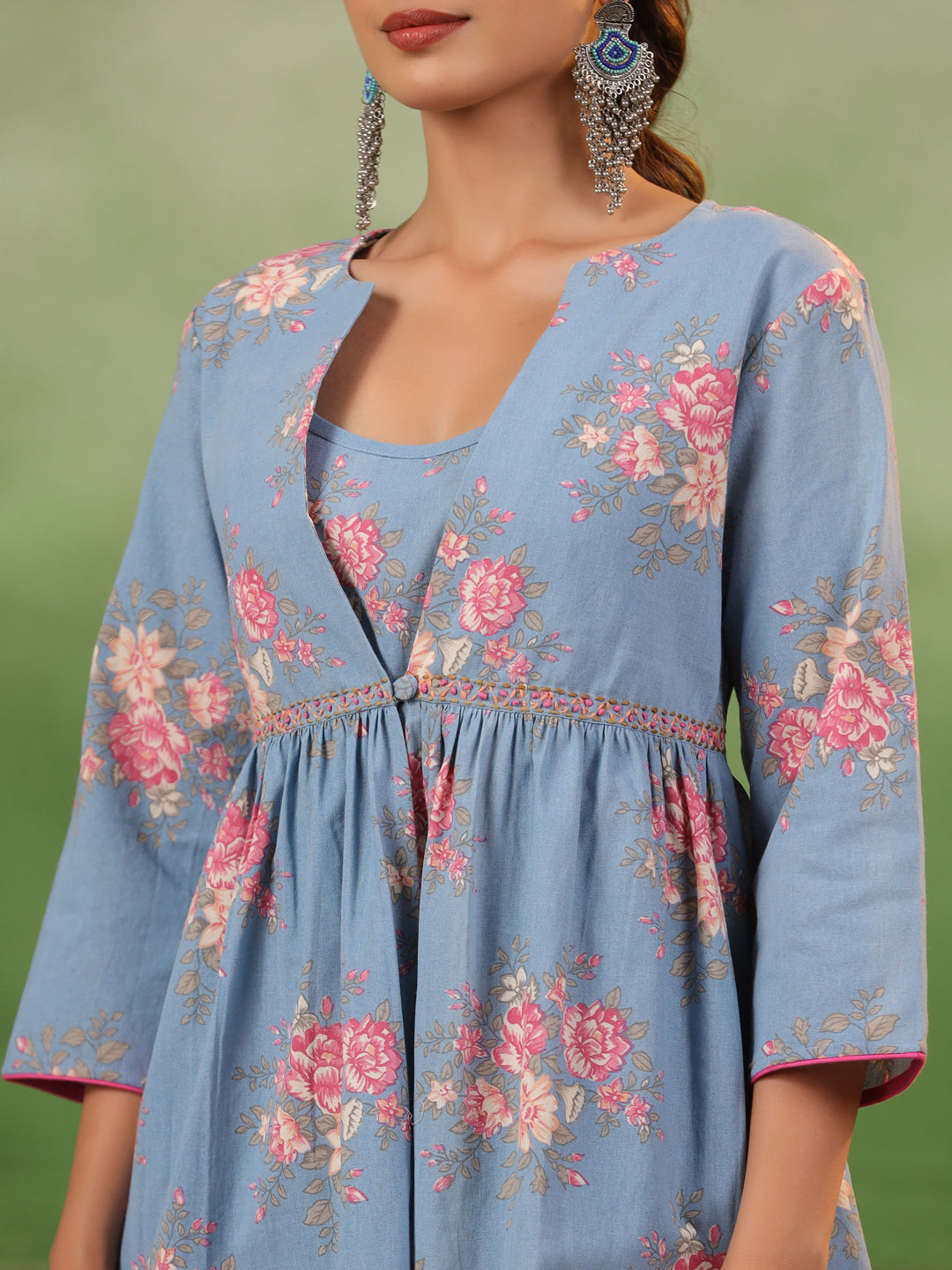 Floral Printed Regular Thread Work Pure Cotton A-Line Kurta With Trouser
