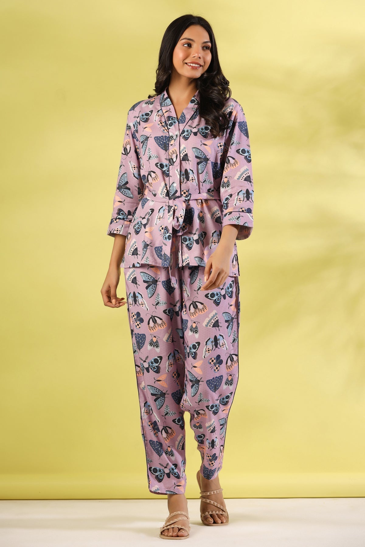 Multicolor Butterfly Printed V-Neck Modal Pyjama Night Suit For Women