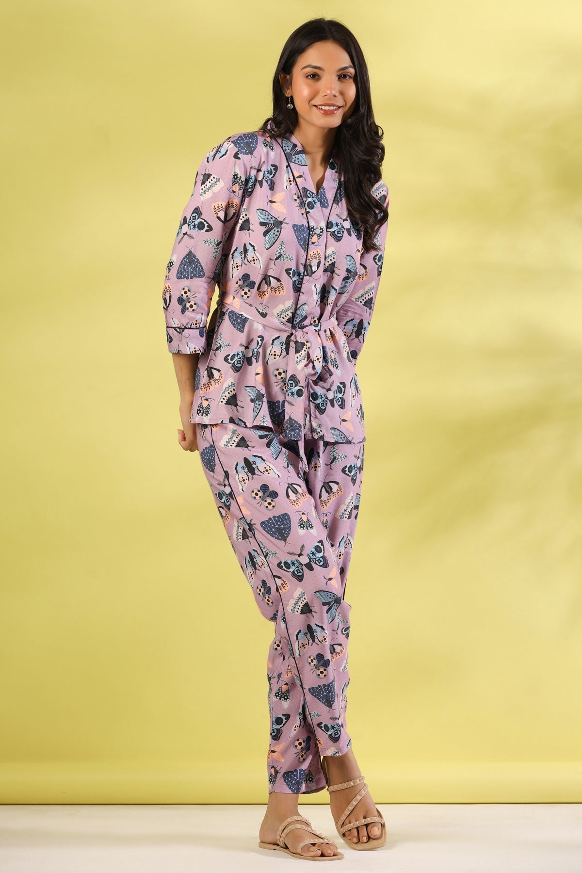 Multicolor Butterfly Printed V-Neck Modal Pyjama Night Suit For Women