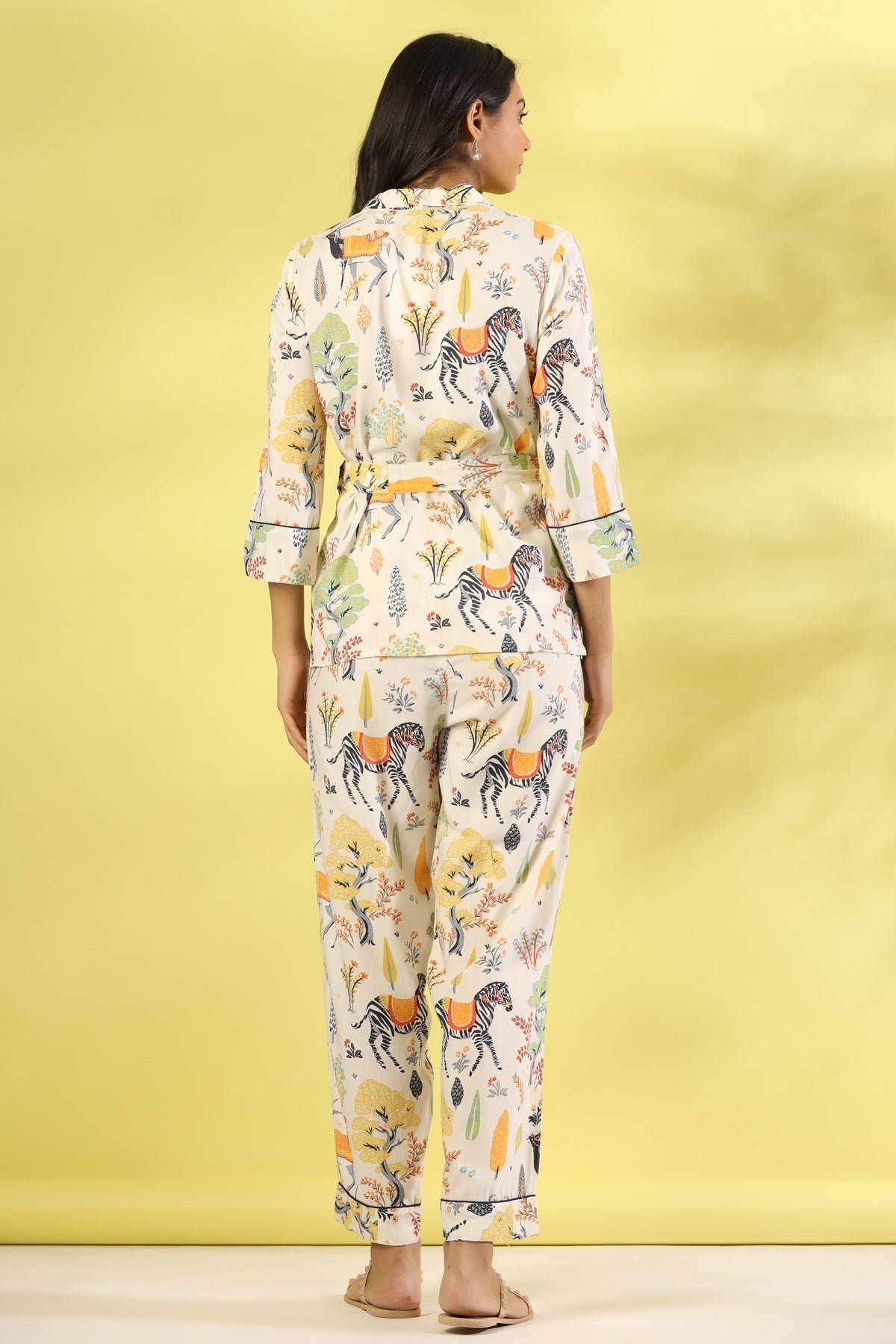 Brown Animal Printed V-Neck Modal Pyjama Night Suit For Women