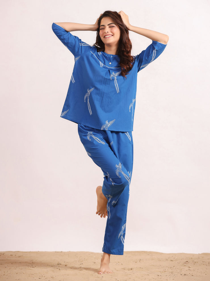 Blue bird print Cotton Printed Night Suit Set with Pajama