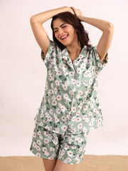 Women's Pure Cotton Green Floral Print Night suits
