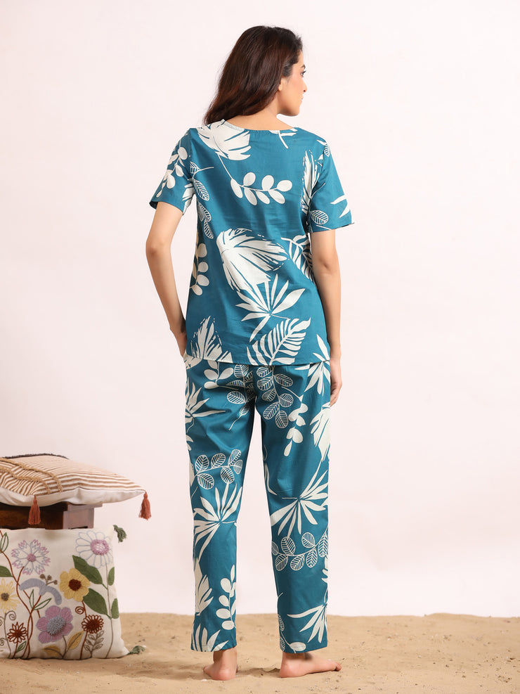 Blue tropical  Print Night Suit Set with Payjama