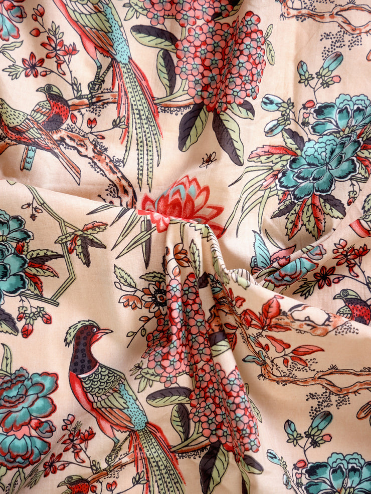 Pure cotton beige  bird print fabric