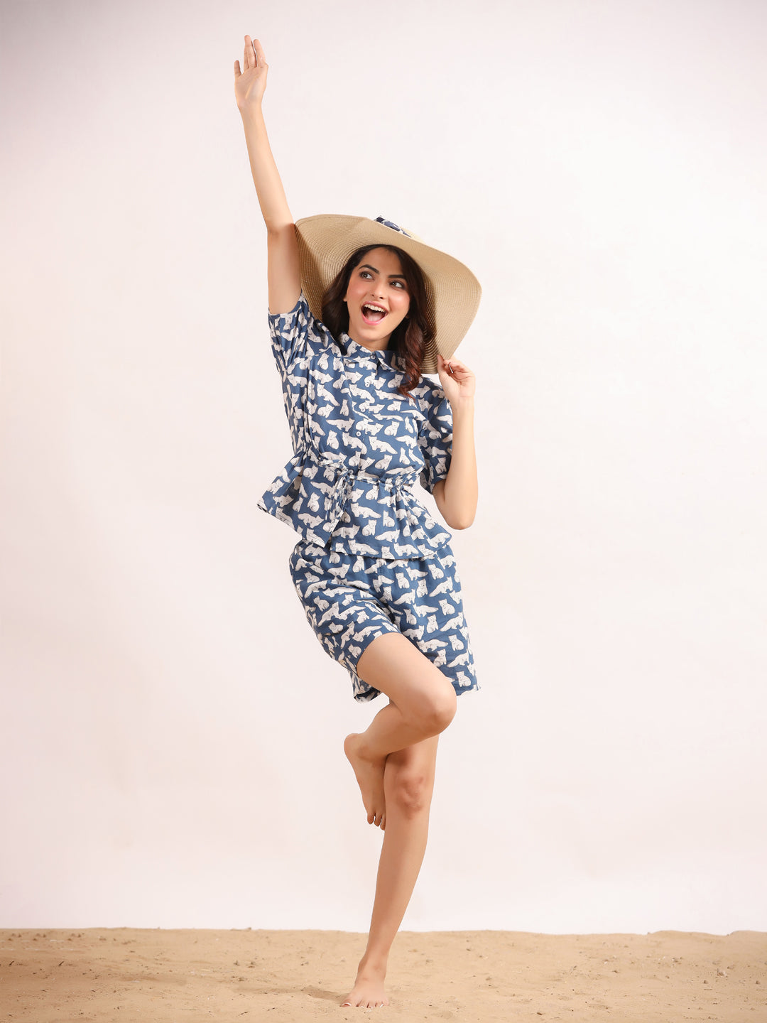 White & Blue Cats Shirt & Shorts Night Suit Set