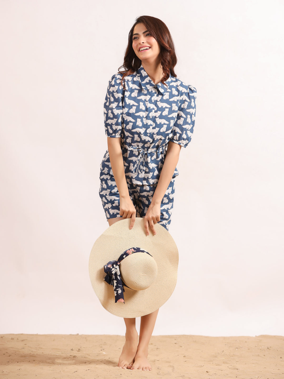 White & Blue Cats Shirt & Shorts Night Suit Set