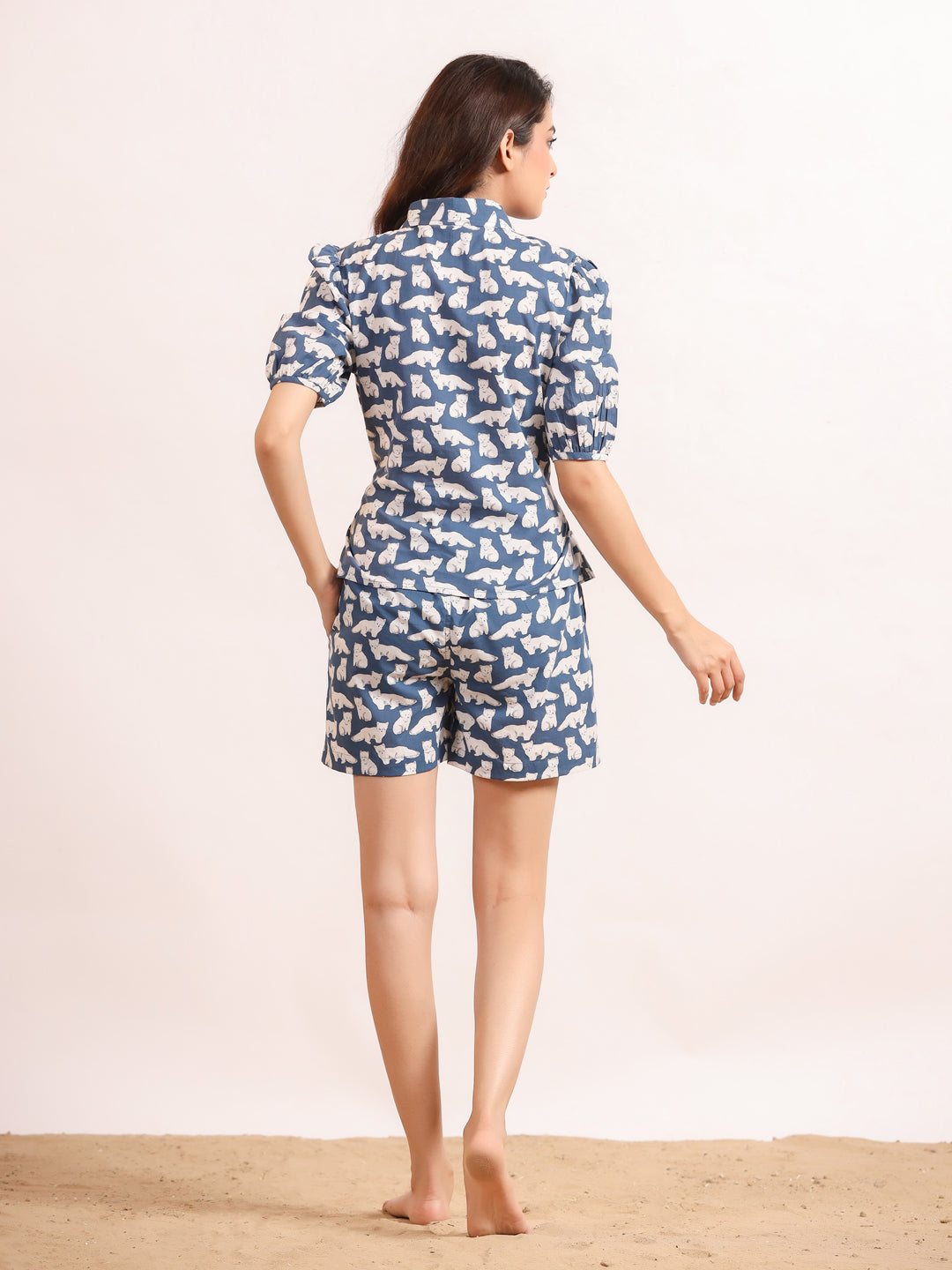 White & Blue Cats Shirt & Shorts Night Suit Set