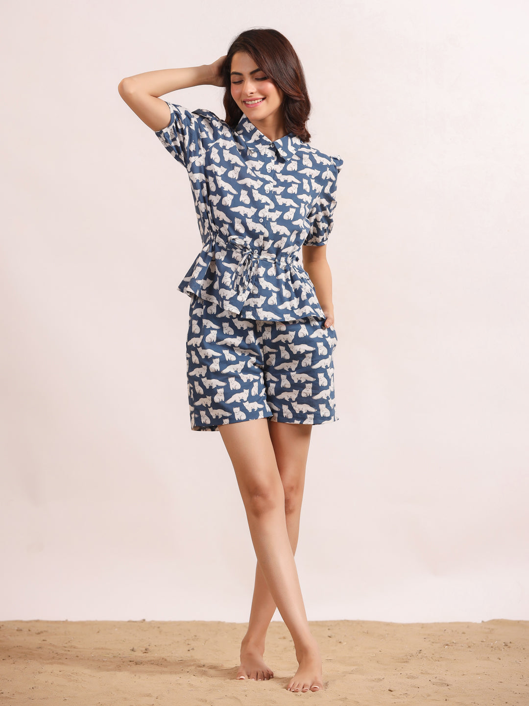 White & Blue Cats Shirt & Shorts Night Suit Set