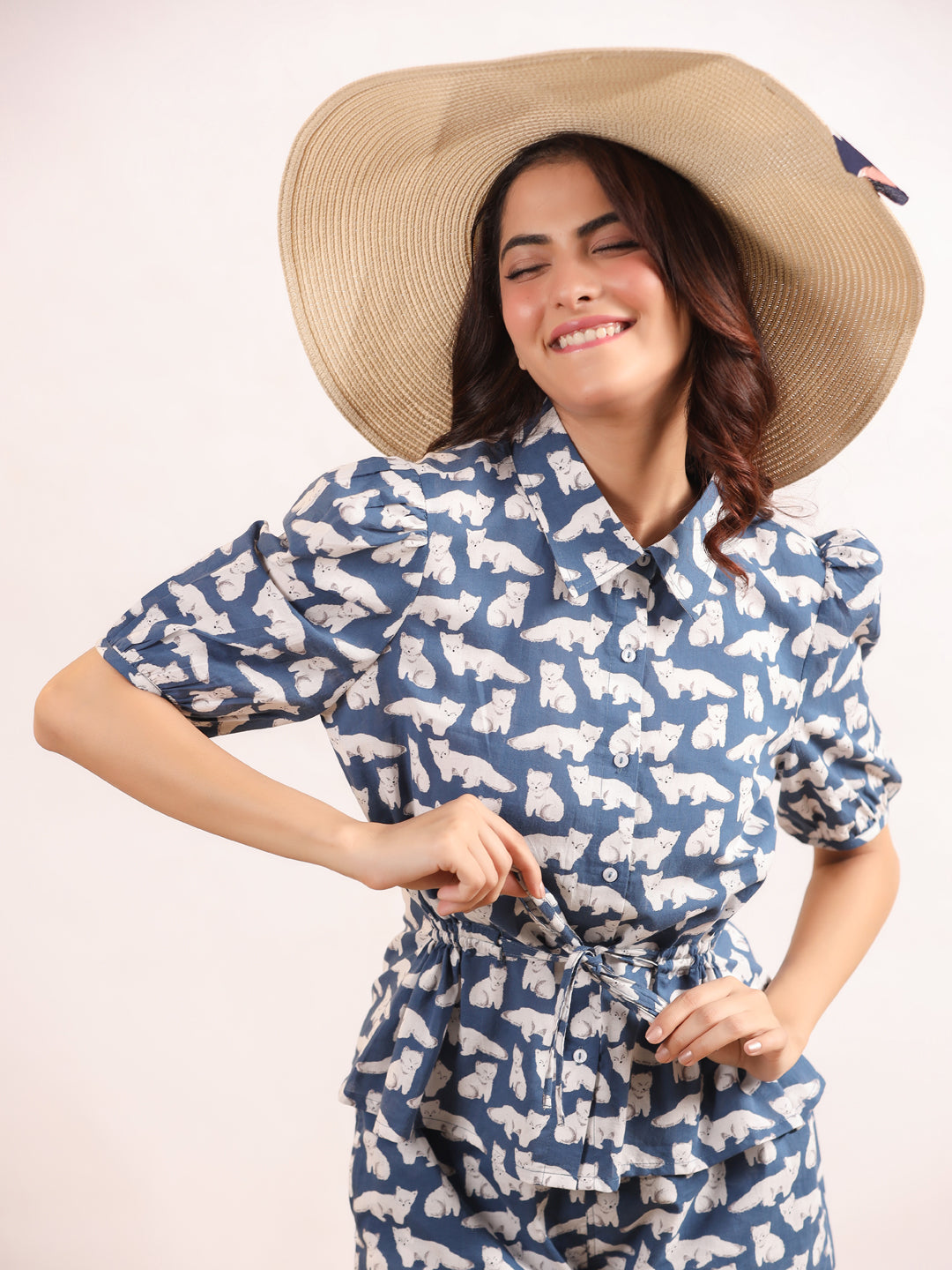 White & Blue Cats Shirt & Shorts Night Suit Set