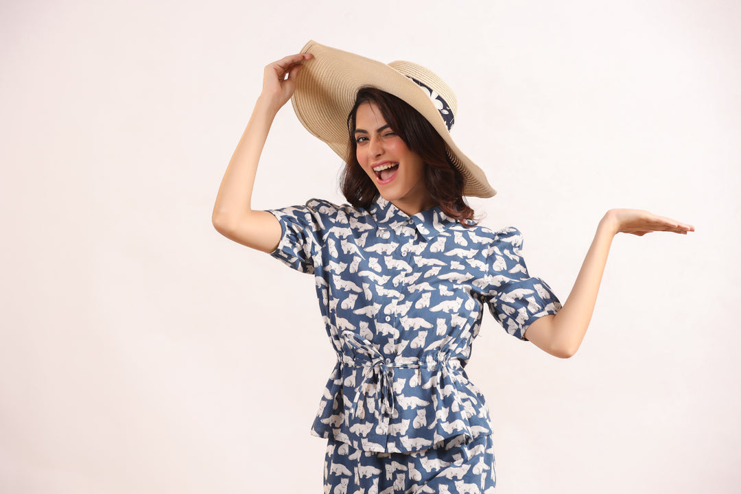 White & Blue Cats Shirt & Shorts Night Suit Set