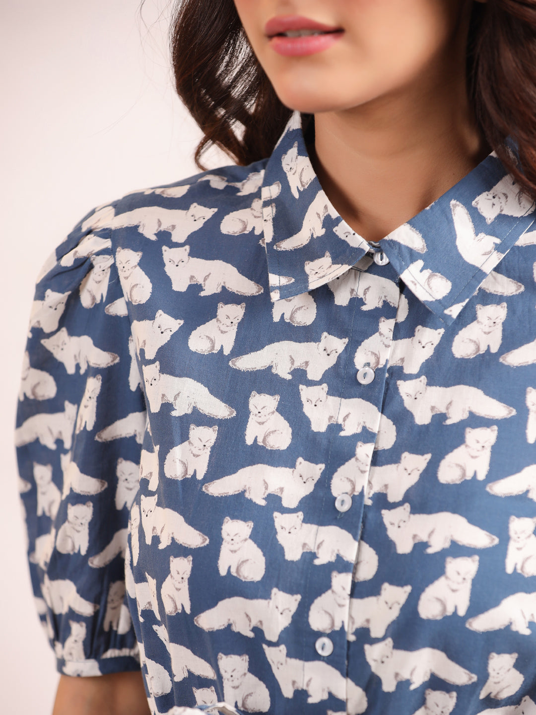 White & Blue Cats Shirt & Shorts Night Suit Set