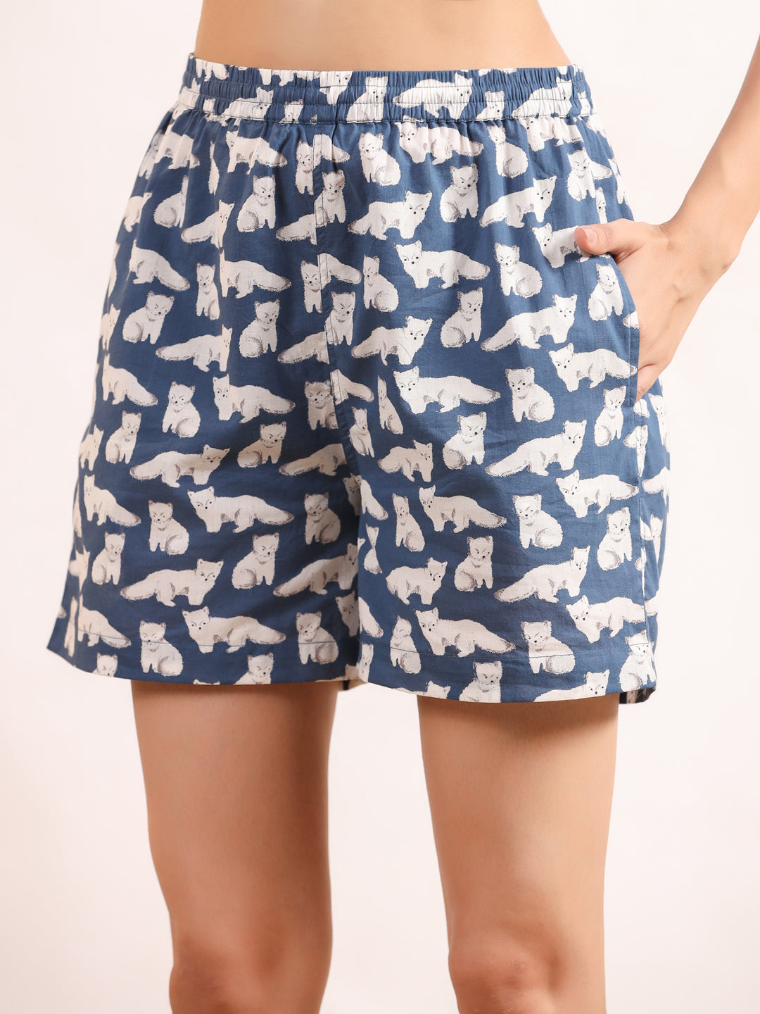 White & Blue Cats Shirt & Shorts Night Suit Set