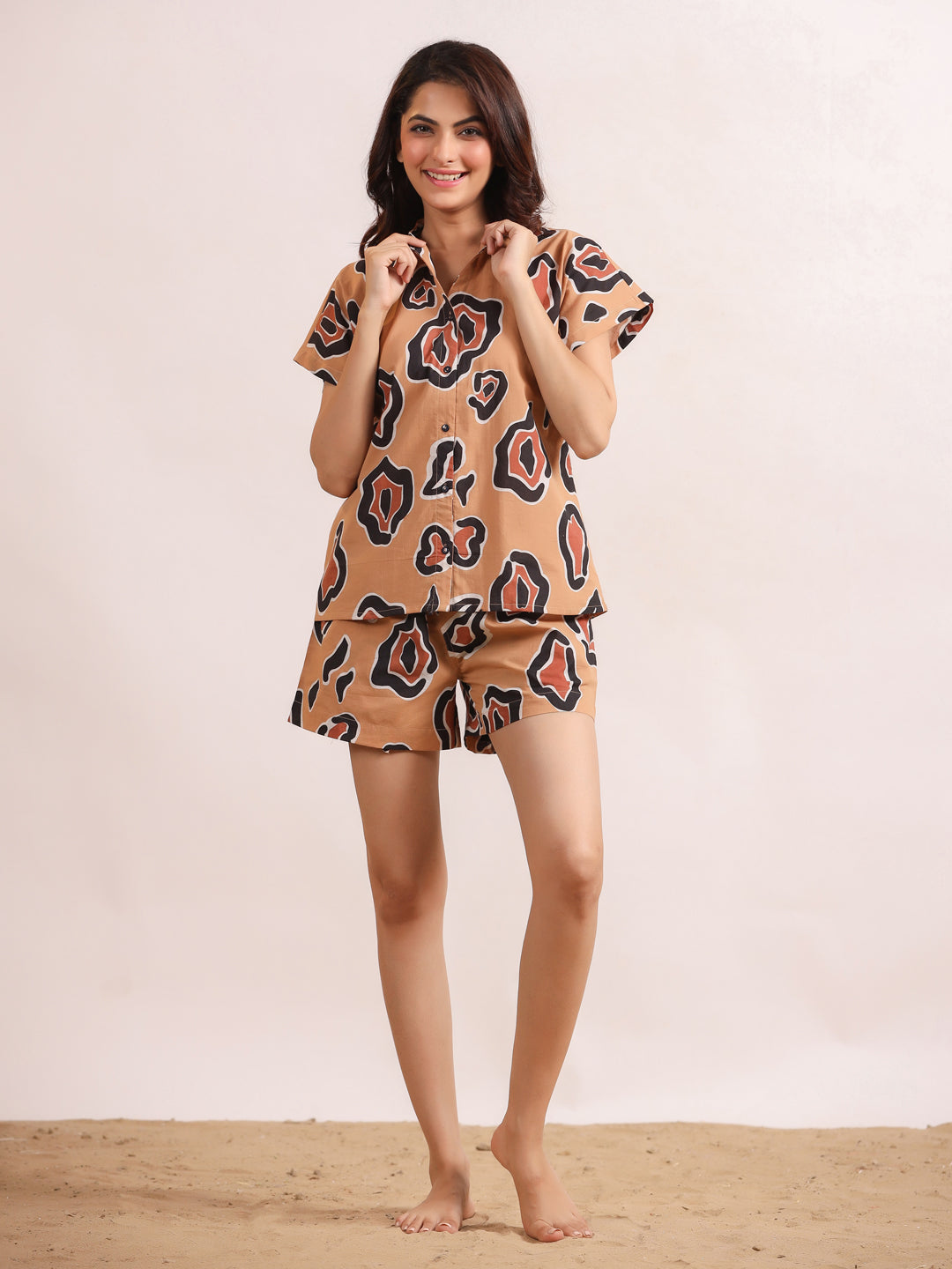 Brown Printed Shirt & Shorts Night Suit Set